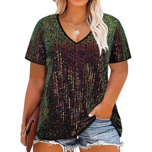 Plus Size Sequin Top Women Short Sleeve Party Blouse Sparkle V Neck